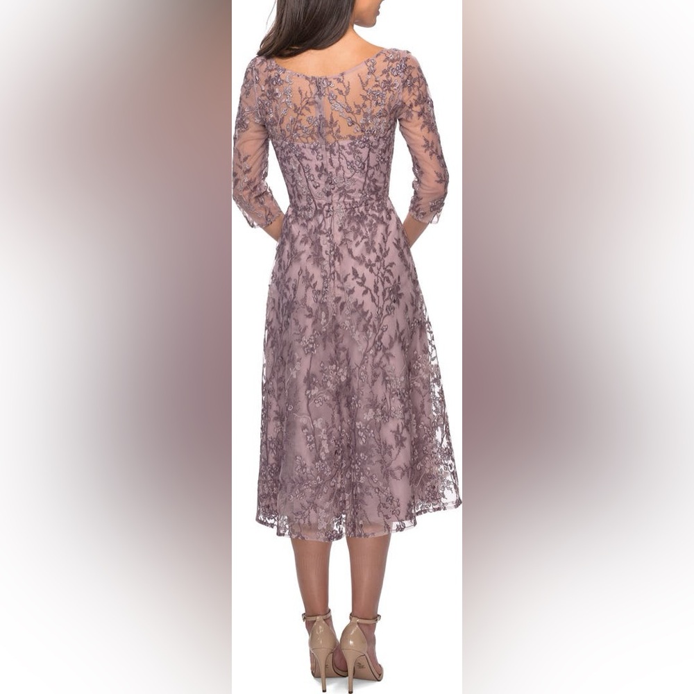 La Femme 
Tea Length Embroidered Dress with Sheer Sleeves $398 - Picture 4 of 5